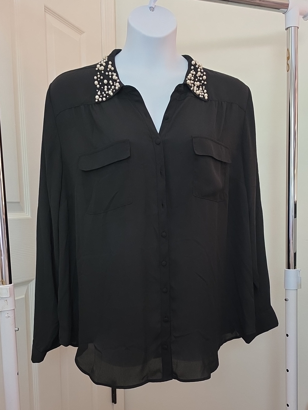 torrid 3x Black Pearl-Embellished Collar Opaque Button-Up Blouse
